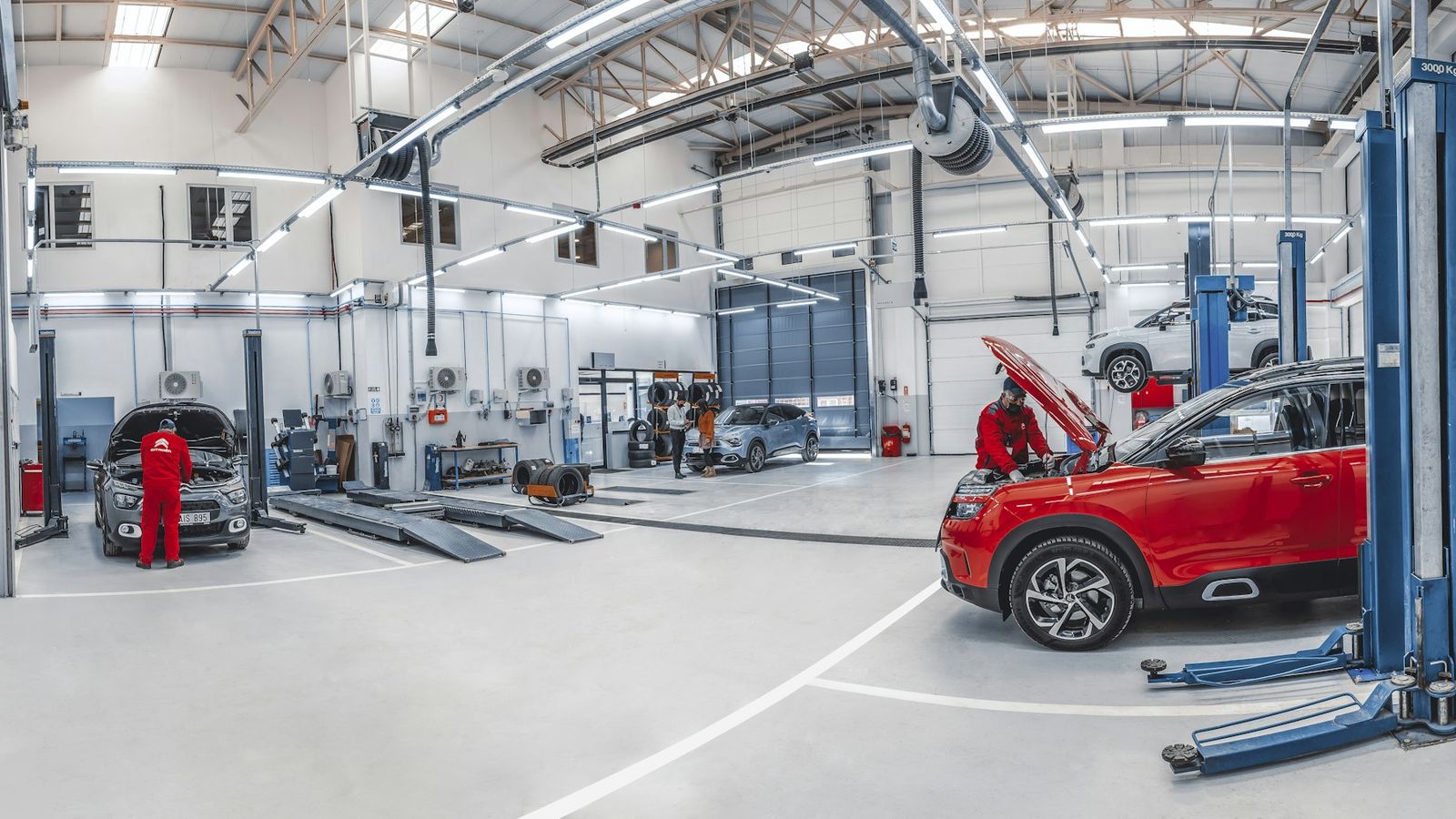 Bright car workshop with lifts, mechanics working on two cars